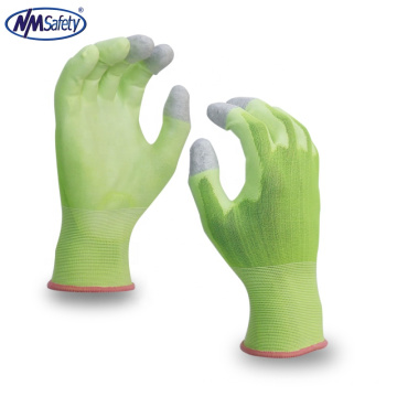 NMSAFETY 13 gauge knitted hi-viz green nylon liner coated white pu on palm and grey carbon on top three fingers ESD gloves